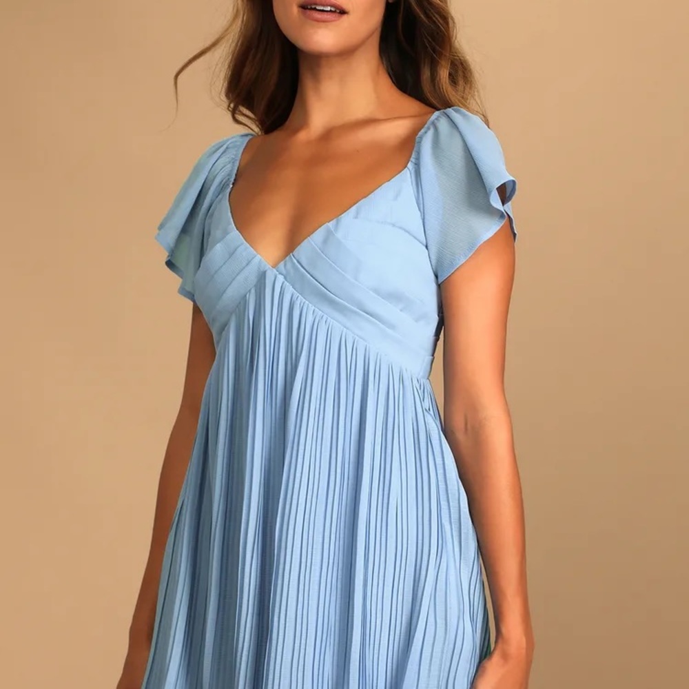 LULUS Amalfi Coast Light Blue Pleated Flutter
Sleeve Mini Dress
